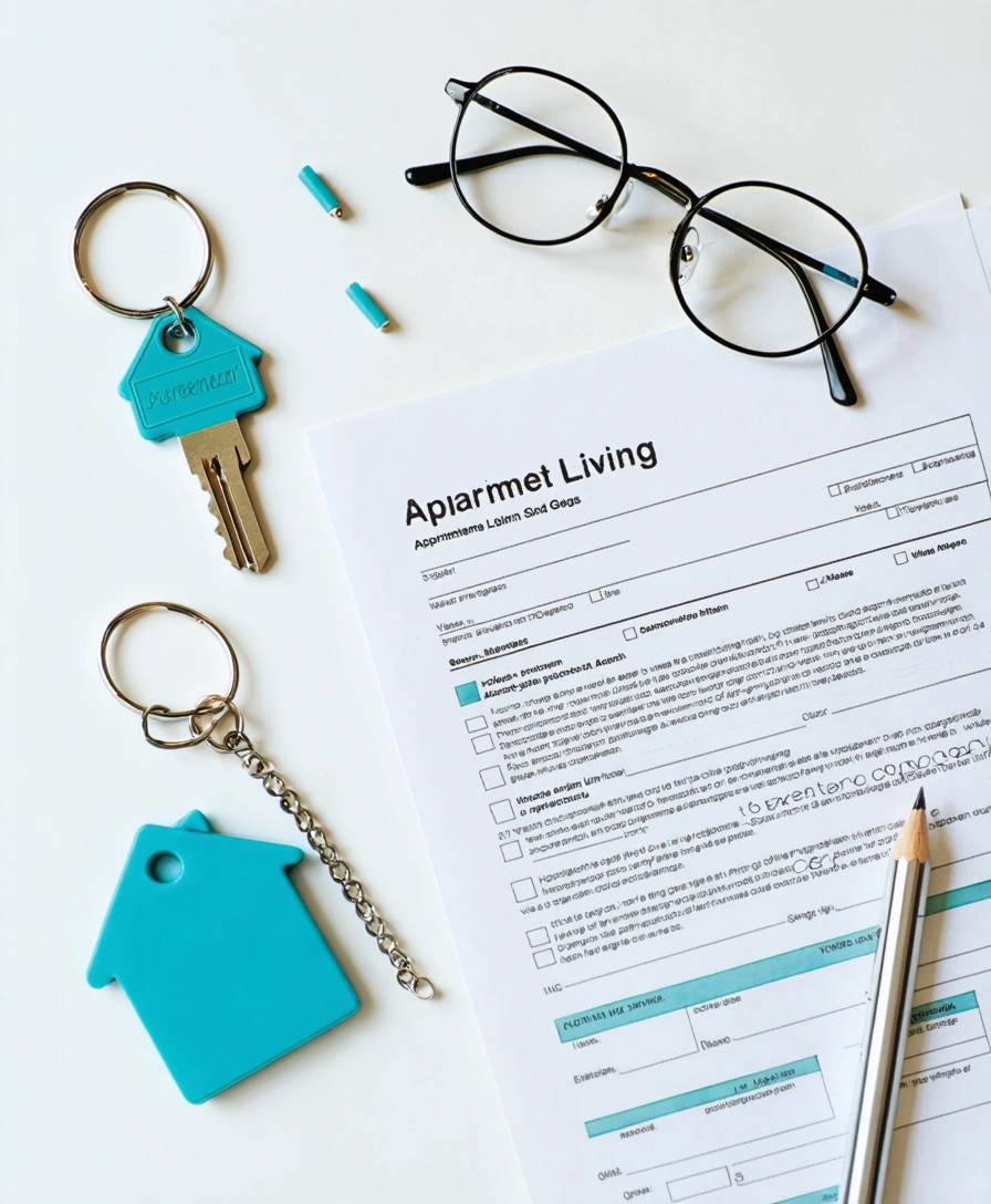 Minimalist flat-lay of apartment living essentials with school-themed elements