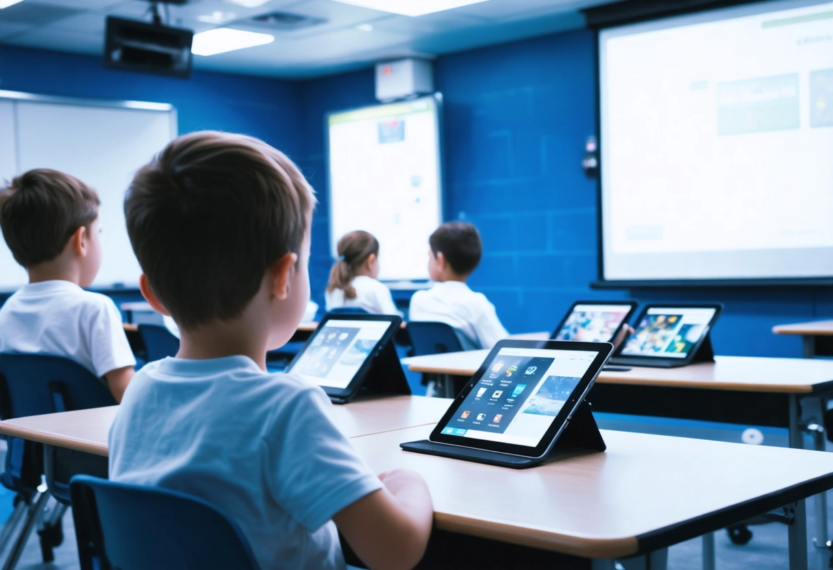 Students using tablets and smartboards in bright classroom, focus on digital learning
