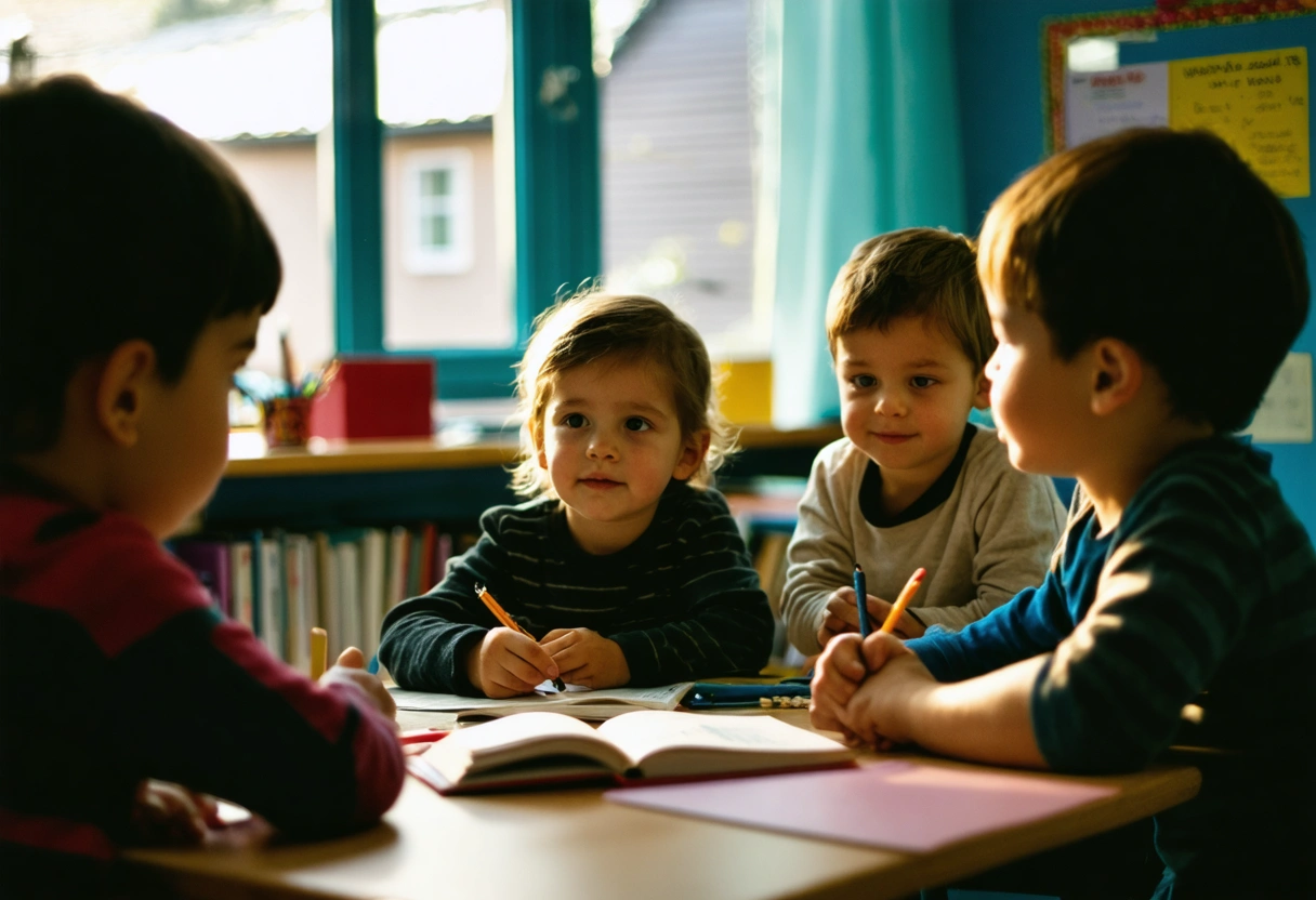 Cozy classroom with teacher and students, warm atmosphere, diverse learning materials