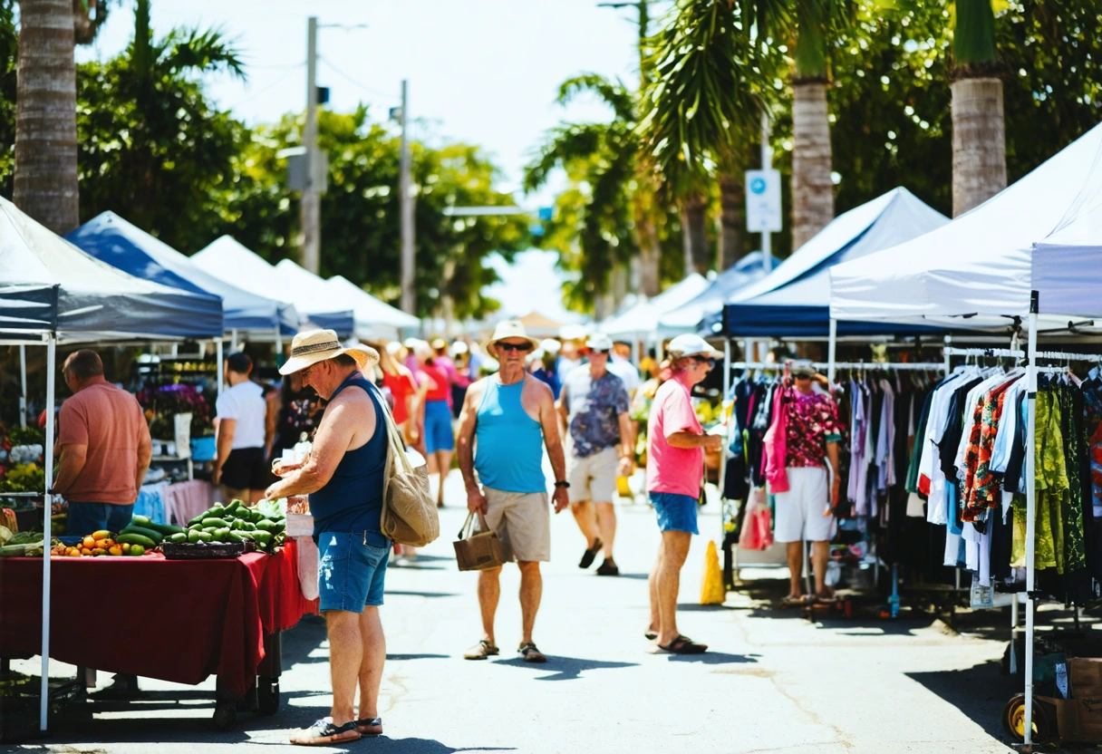 Bustling Punta Gorda farmers' market with colorful stalls, friendly vendors, and lively atmosphere.