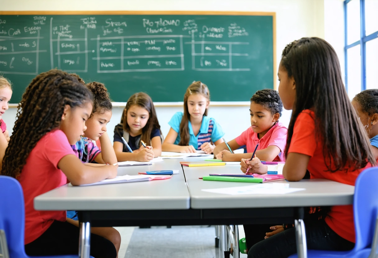 Modern Punta Gorda Middle School classroom with engaged students in group activity and teacher guidance.