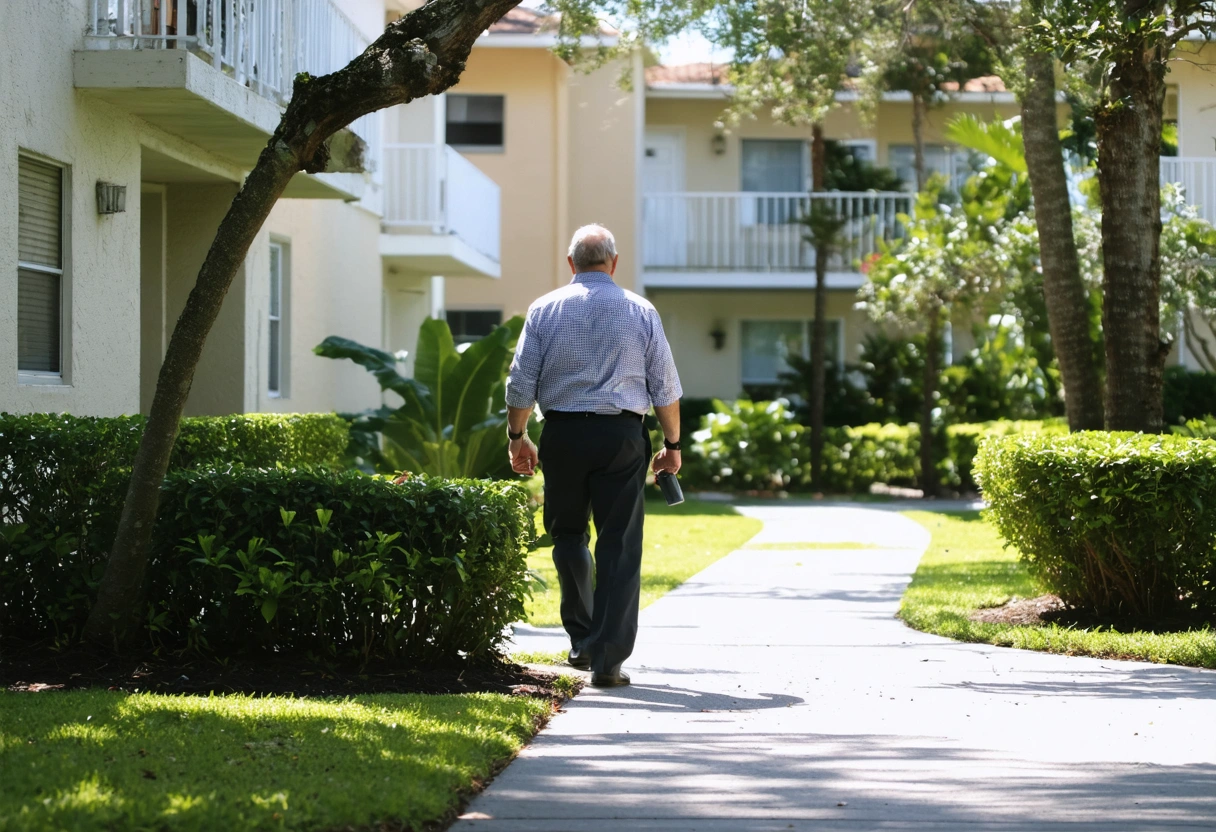 Property manager inspecting lush landscaping and clean pathways in daylight