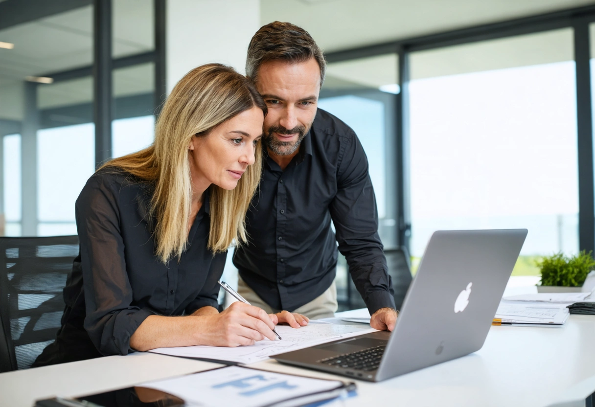 Property owner and manager collaborating over a laptop in modern office