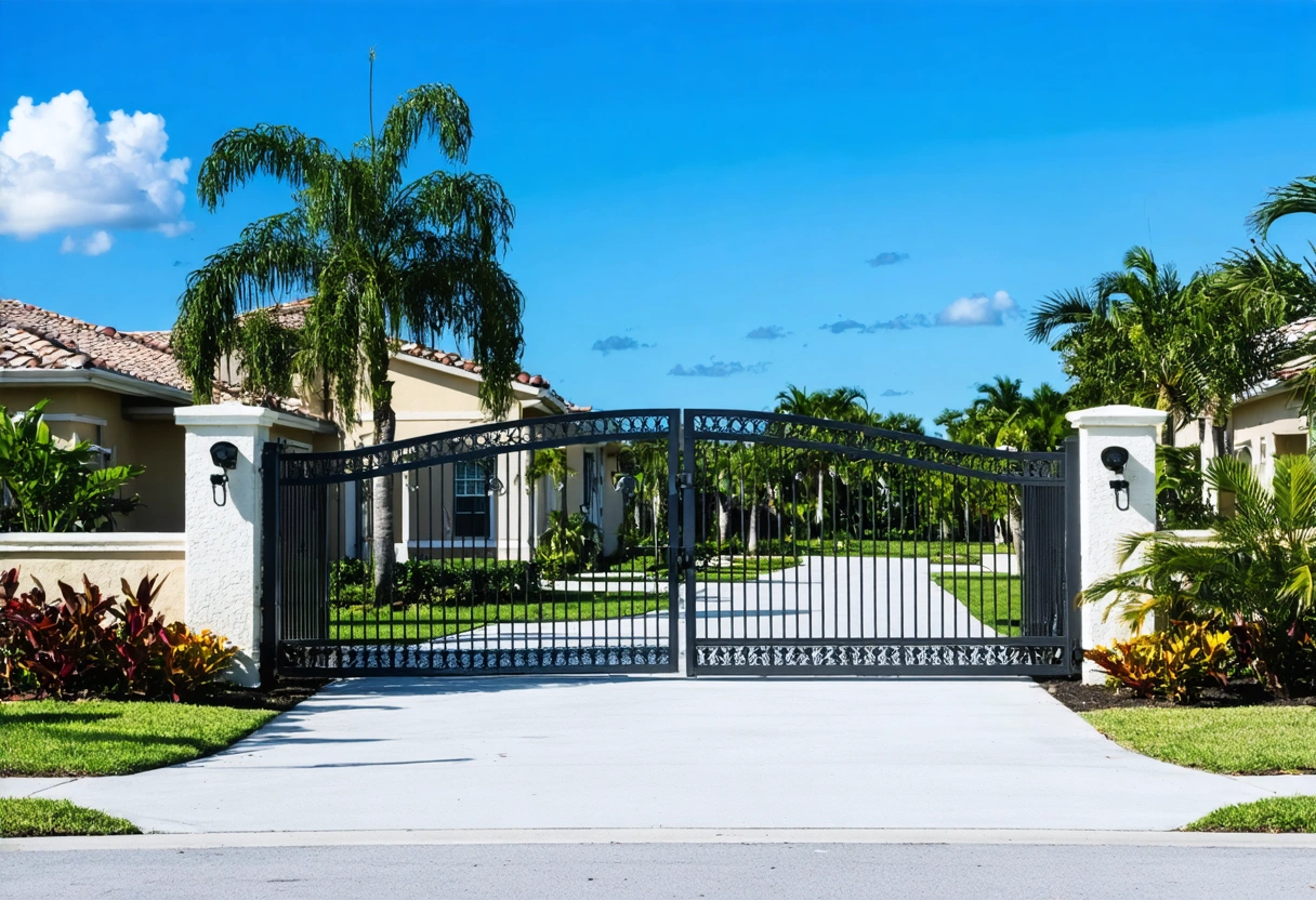 Secure gated community with surveillance and patrolling guard under clear skies
