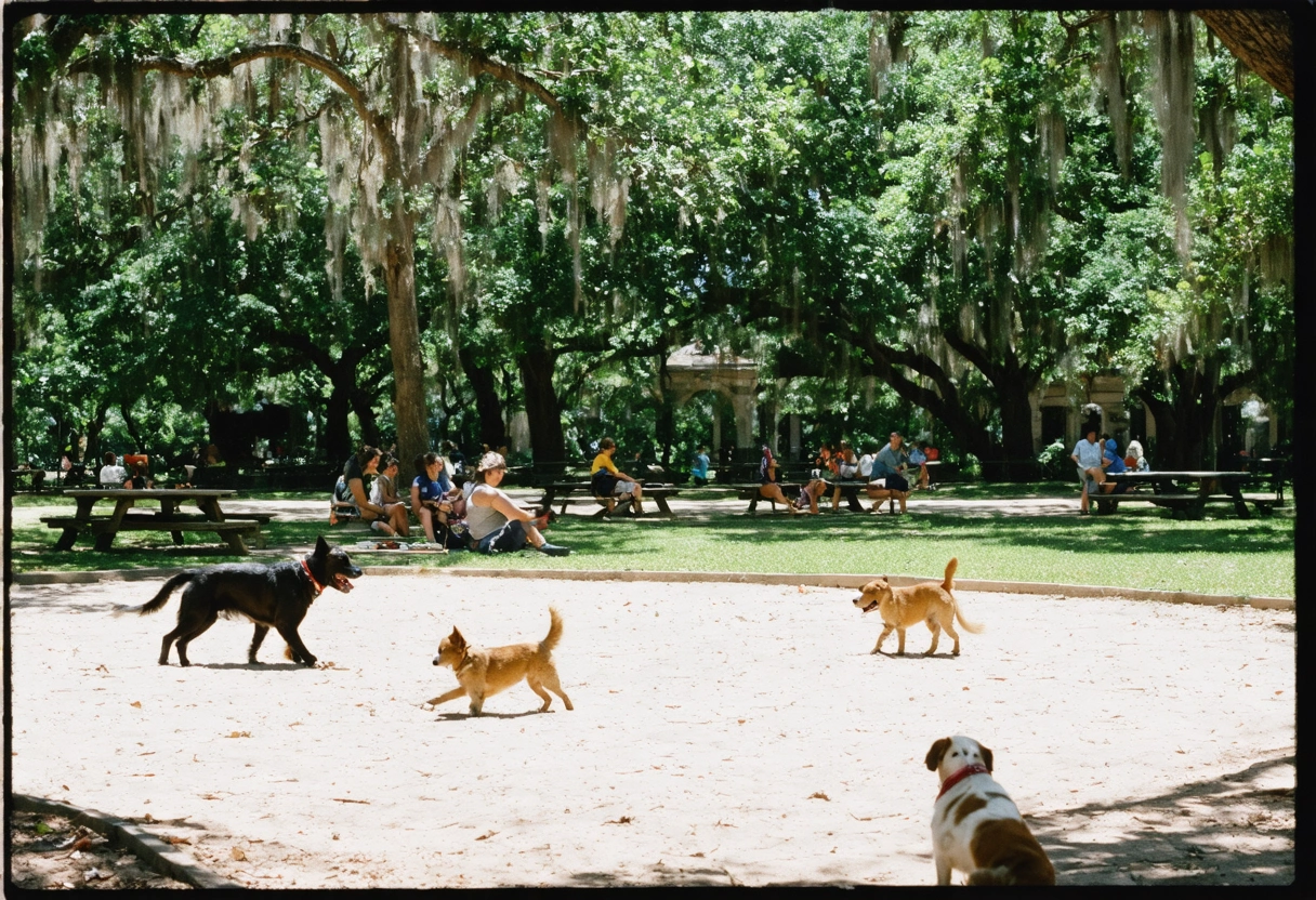 Sunny day at Ponce de Leon Park with dogs playing, families picnicking, vibrant greenery.