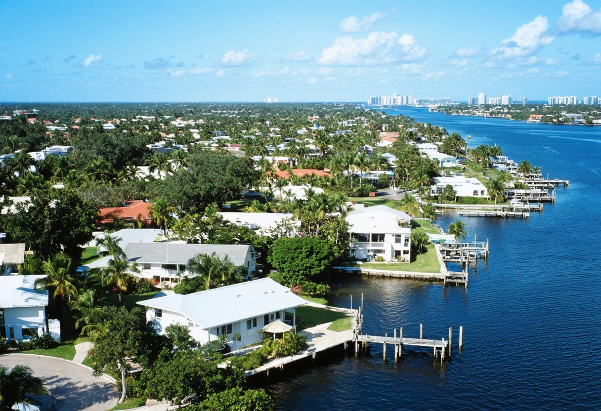 Aerial view of Punta Gorda's waterfront villas and modern apartments under a clear blue sky.