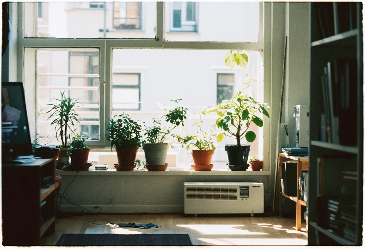 Dehumidifier operating in a bright, airy bedroom