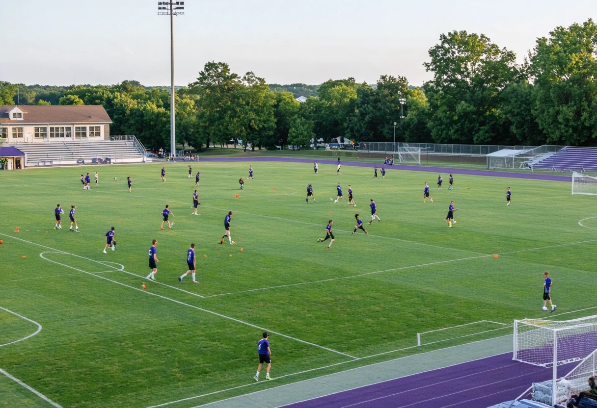 Charlotte High School students playing soccer on sports field, energetic teamwork