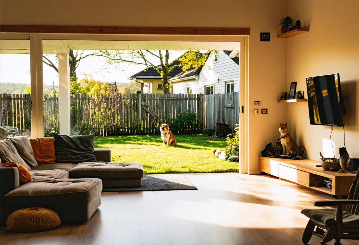 Sunlit pet-friendly vacation home with fenced yard and family relaxing