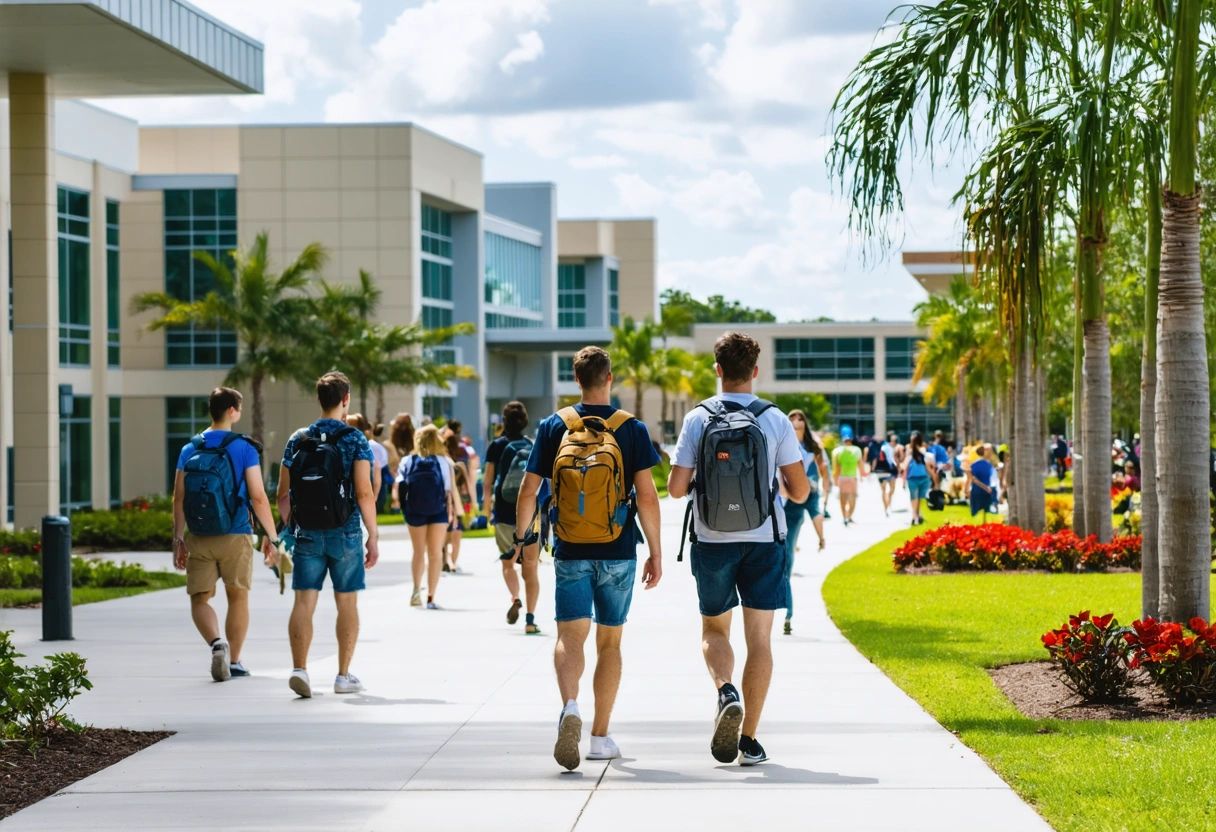 Students walking on Florida SouthWestern State College campus, sunny day, modern buildings
