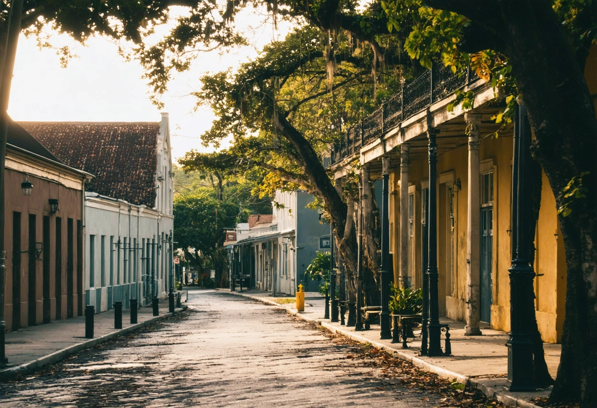 Historic district with preserved architecture and cobblestone streets in afternoon light