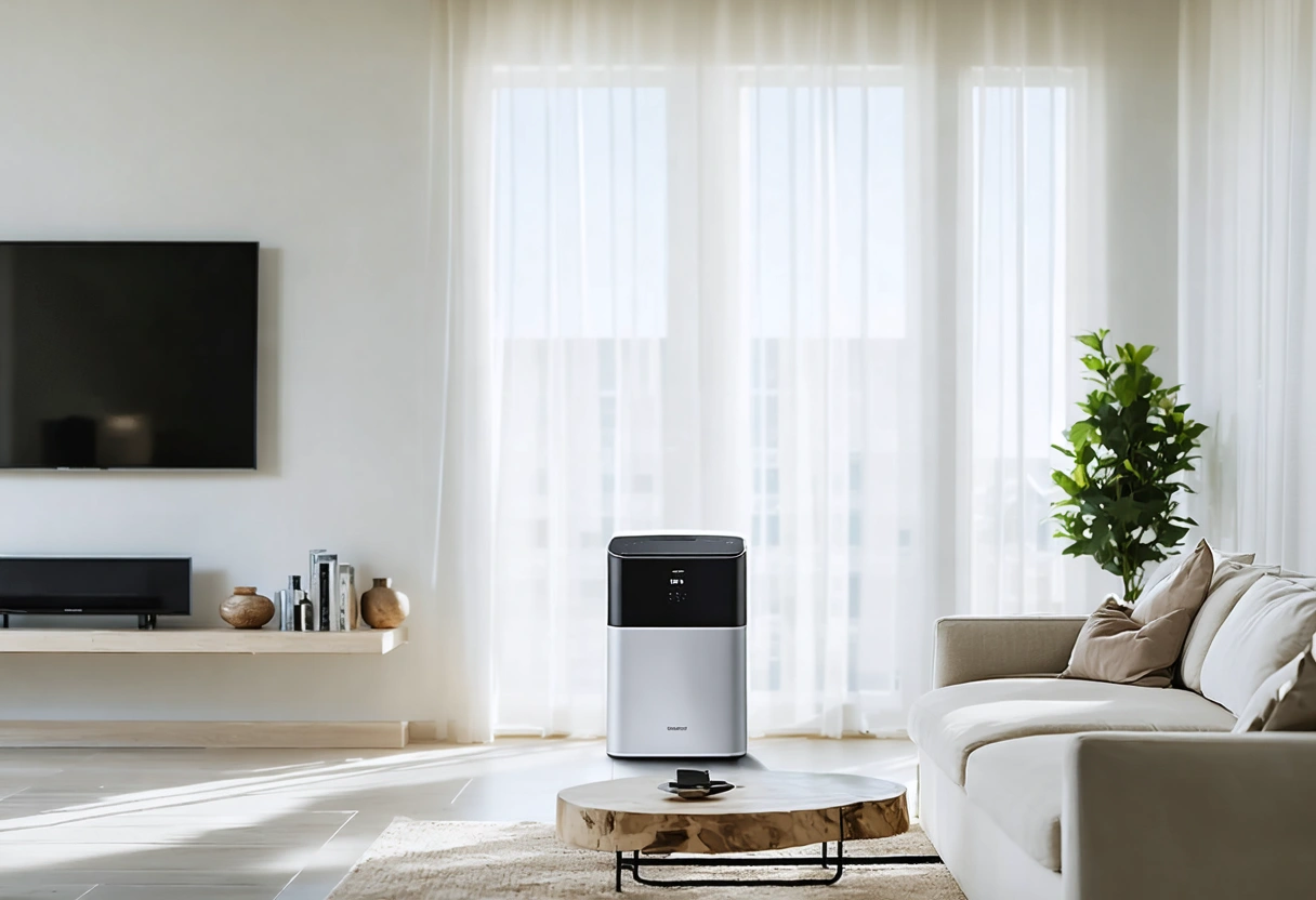 Modern apartment living room in Southwest Florida with a running dehumidifier