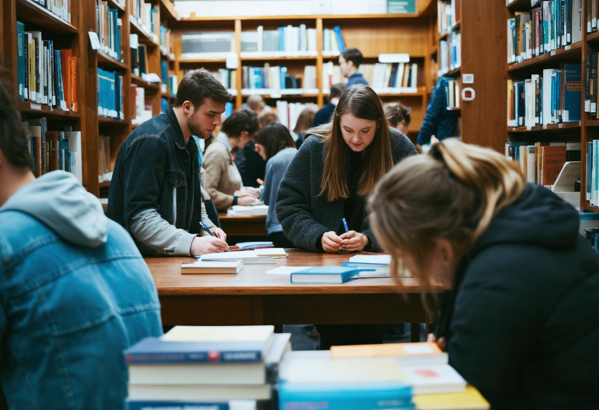 Inside a bustling library, people attending a workshop, bookshelves filled with books, bright indoor lighting,