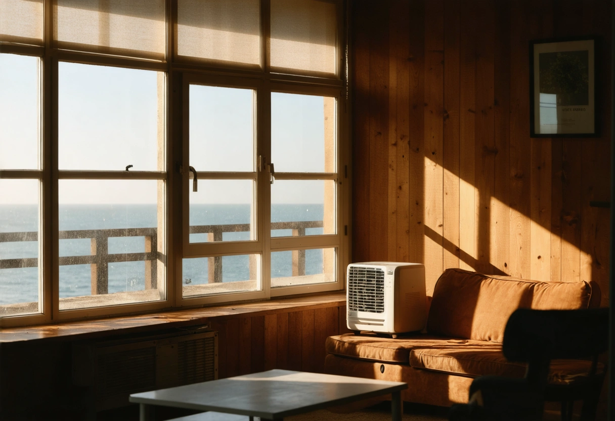 Modern coastal apartment with sunlight, warped wooden furniture, and a dehumidifier for humidity control.