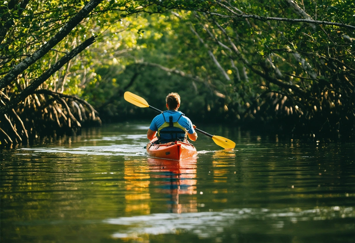 Kayaker navigating mangrove tunnels in Charlotte Harbor, calm waters, sunlit foliage, adventurous and tranquil mood,