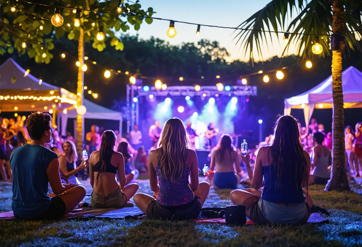 Outdoor concert in Punta Gorda, people enjoying music, colorful lights, festive atmosphere, community gathering, evening
