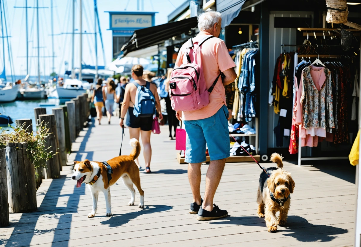 People with pets shopping at Fishermen's Village on a sunny day