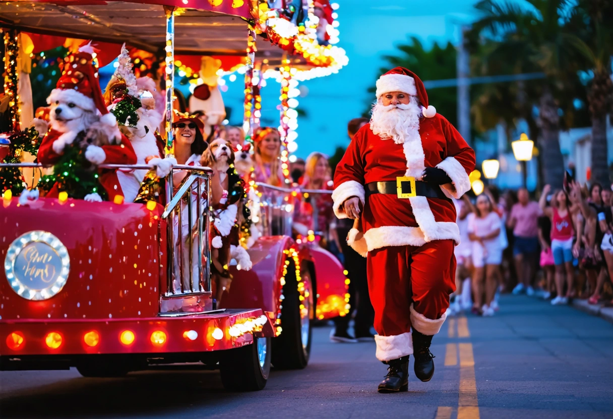 Festive parade with pets, colorful floats, and lively crowd in evening lights