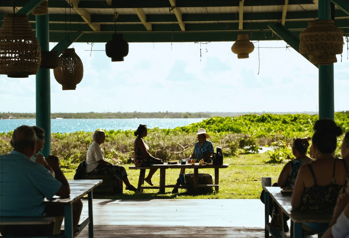 Scenic view of Punta Gorda with residents interacting, lush landscapes, cultural landmarks, sunny day, warm
