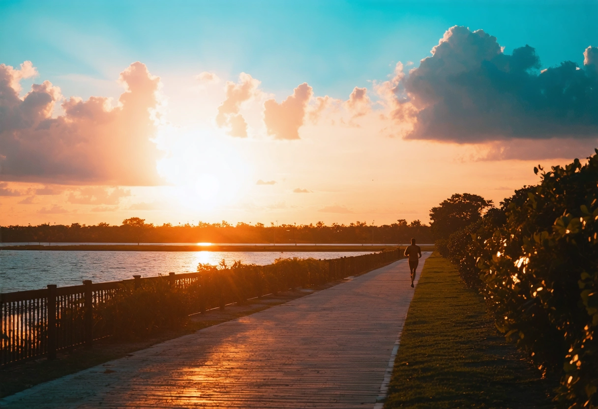 "Sunrise at Punta Gorda Linear Park with jogger, vibrant sky, and peaceful atmosphere."
