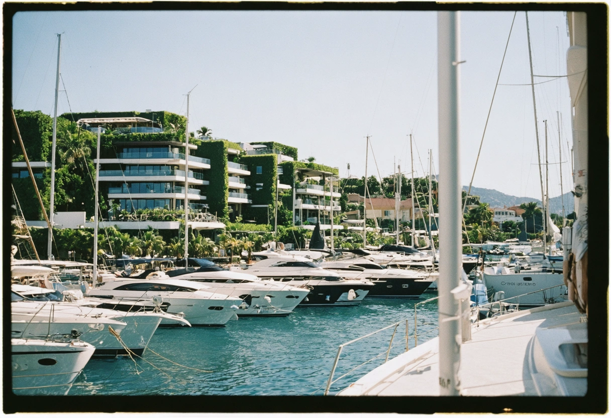 View of a luxury marina with yachts, lush greenery surrounding, eco-friendly architecture, sunny day, harmonious
