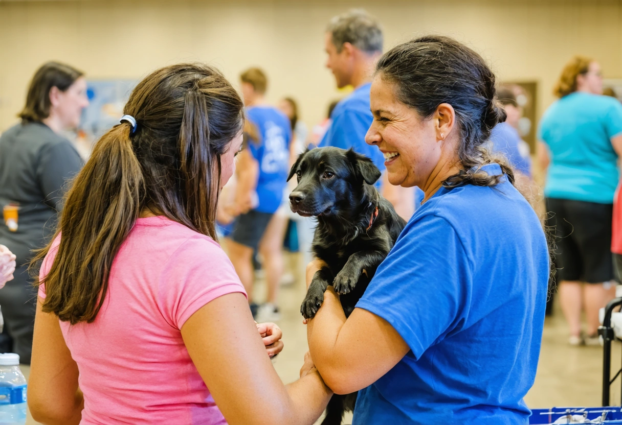 Volunteers at adoption event interacting with animals in bright indoor setting