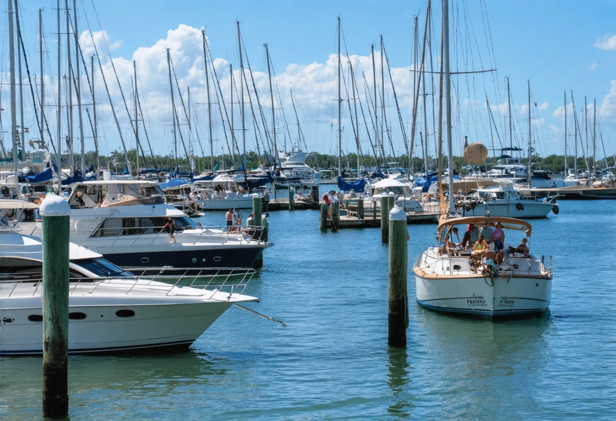 A bustling marina in Punta Gorda, filled with boats and people enjoying maritime activities. The
