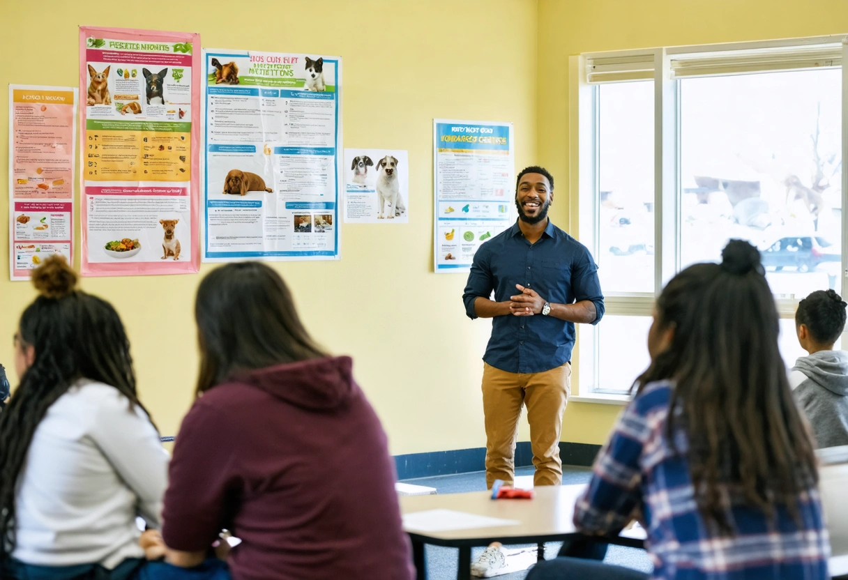 A community center hosting a pet care workshop. A speaker presenting to attentive pet owners.