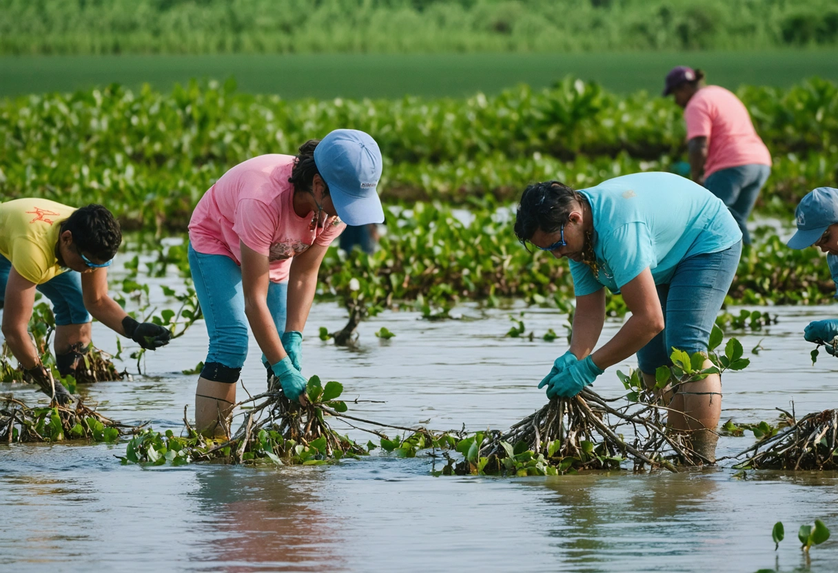 A community-led conservation project in Punta Gorda, with people planting mangroves by the water. The