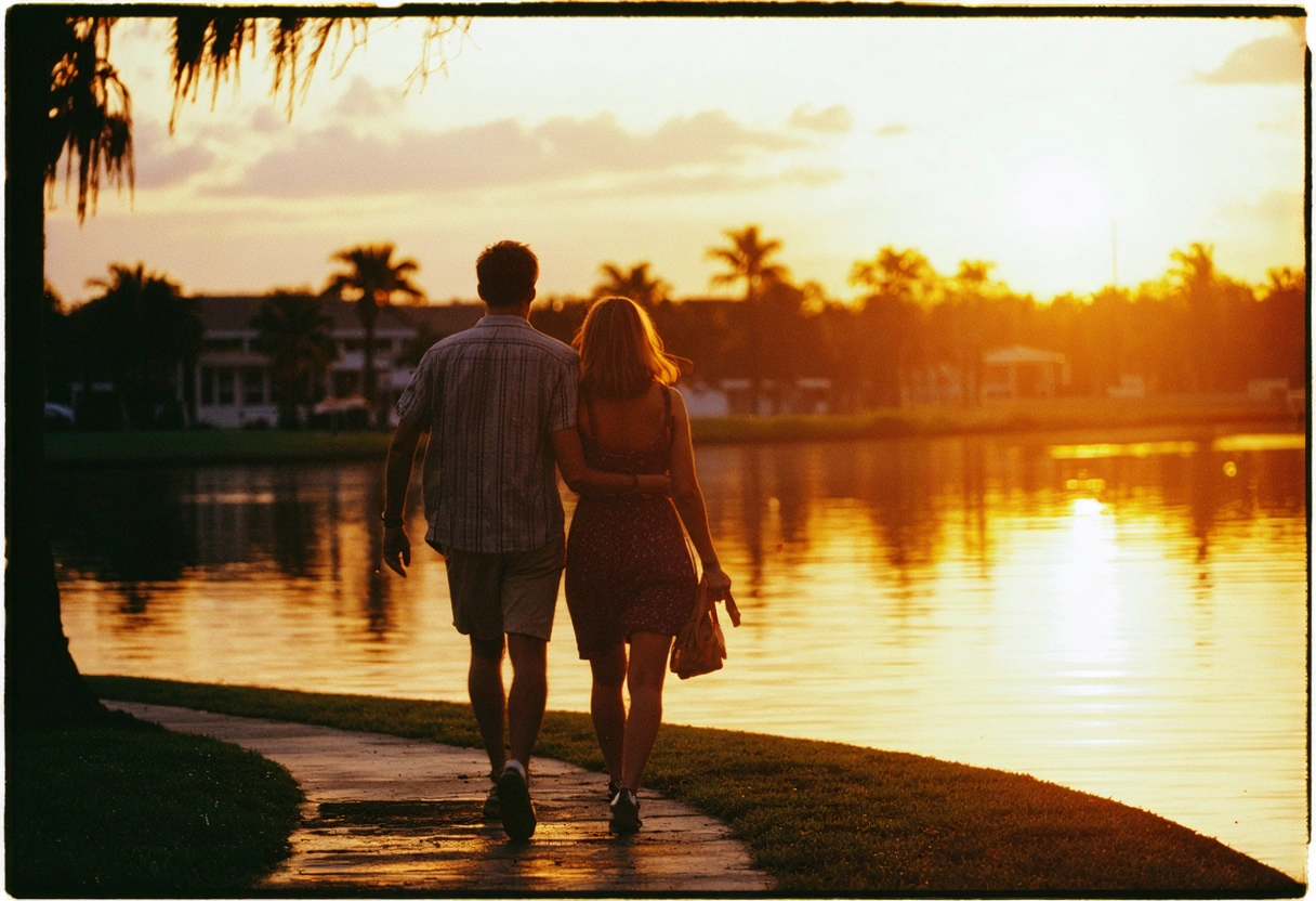 A couple enjoying a sunset walk along Punta Gorda's waterfront park. The sky is painted