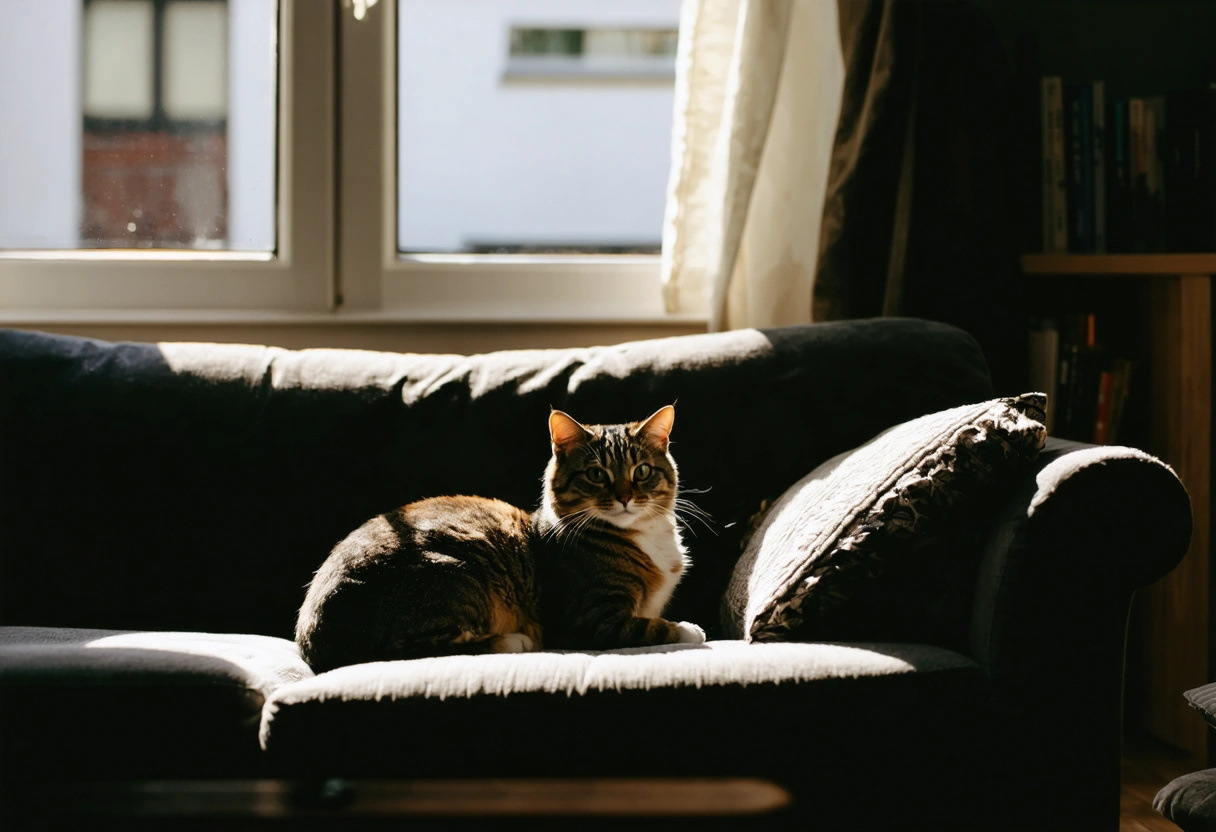 A cozy living room in a pet-friendly apartment. A pet owner relaxing on a sofa