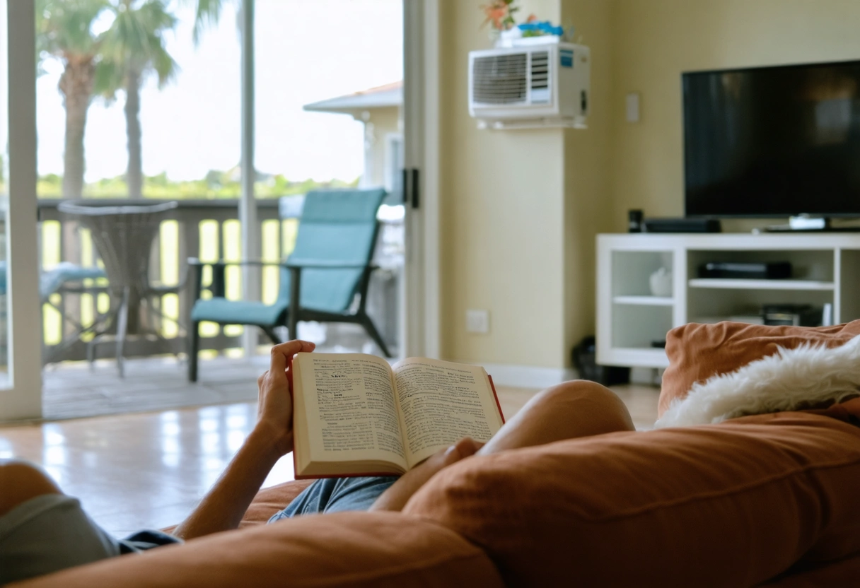 A cozy Punta Gorda apartment with a well-maintained AC unit. The resident relaxes with a