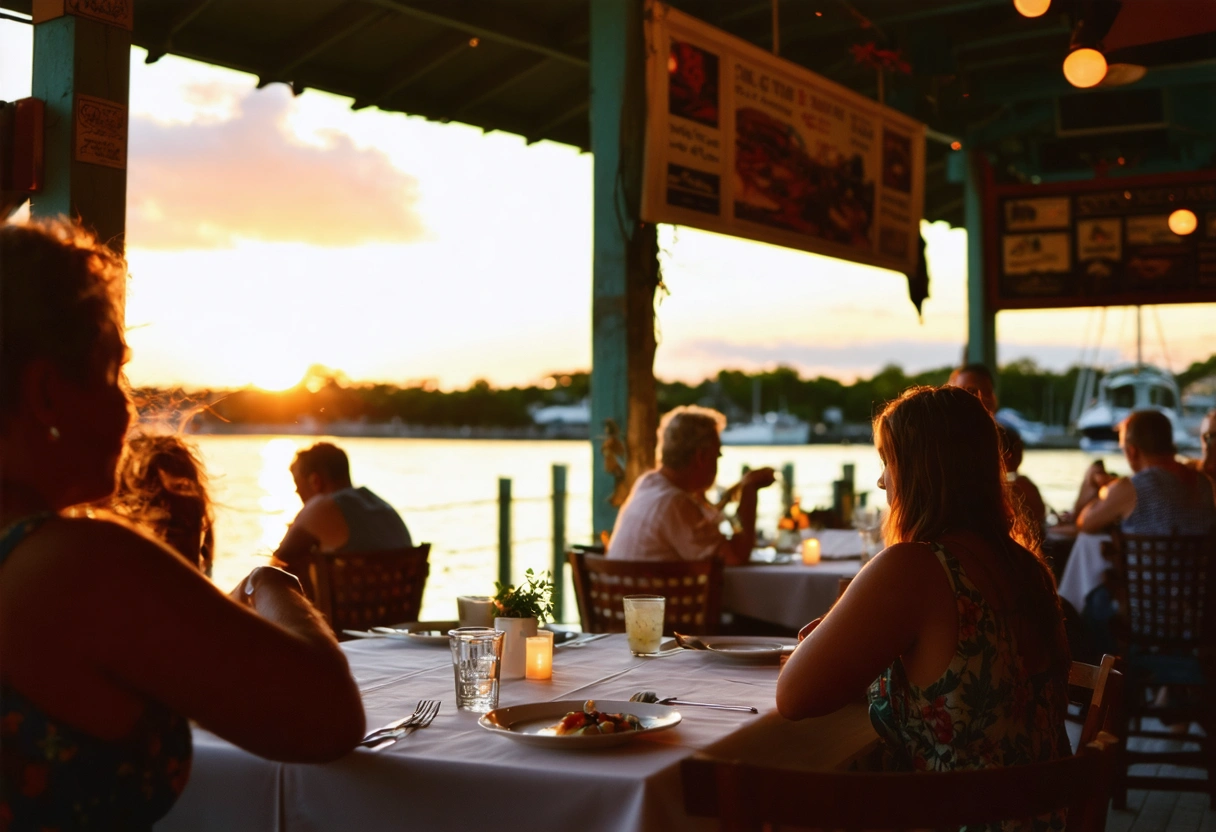 Waterfront restaurant in Punta Gorda at sunset, overlooking Peace River with diners enjoying seafood.