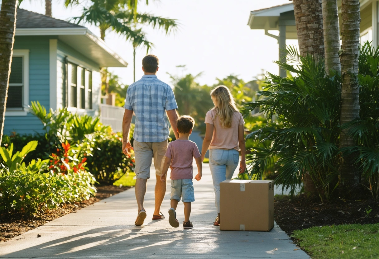 Family moving into a new Punta Gorda home with friendly neighbors.