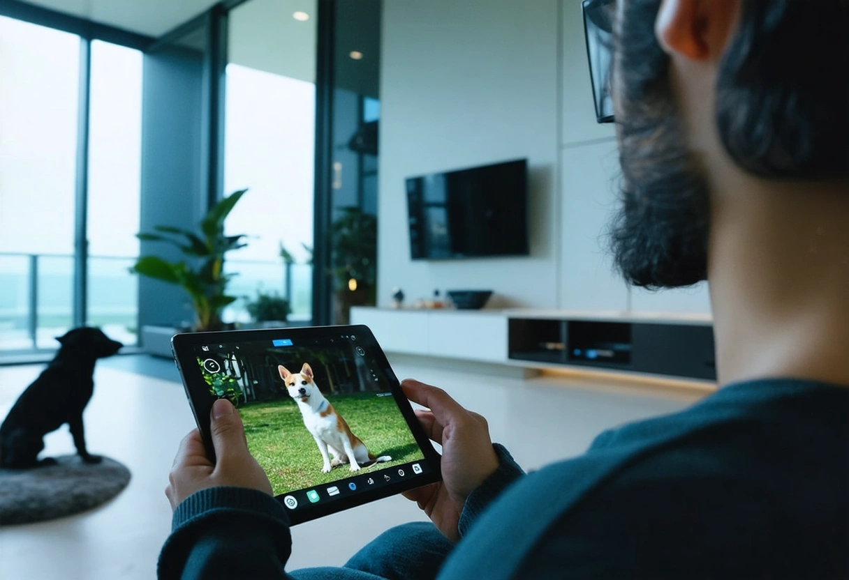 A futuristic pet-friendly apartment complex with smart home technology. A pet owner using a tablet