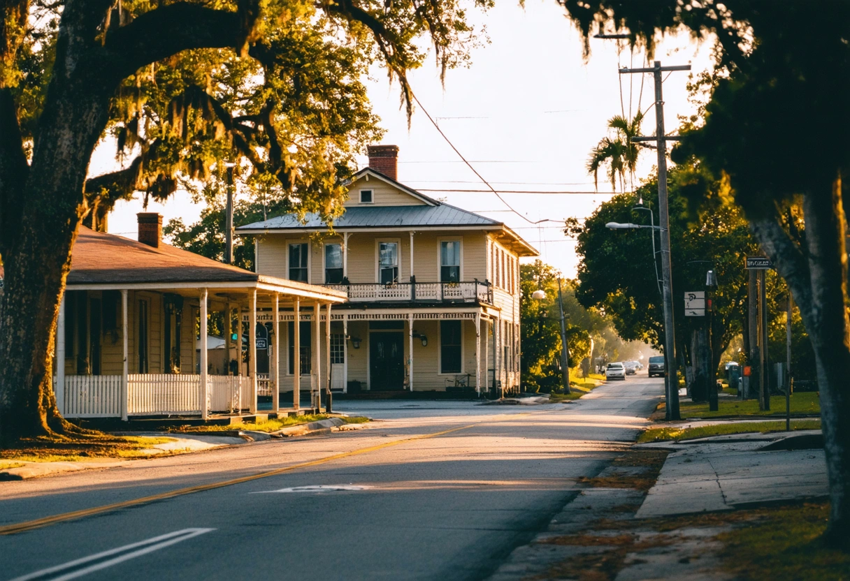 Historic Punta Gorda street with A.C. Freeman House and Train Depot in warm afternoon light.