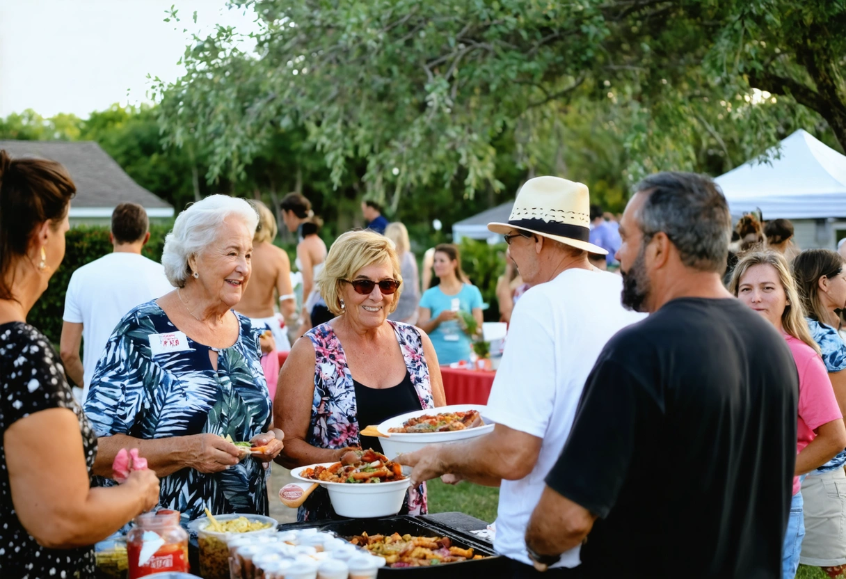 A lively block party in a Punta Gorda neighborhood, with residents mingling and enjoying food.