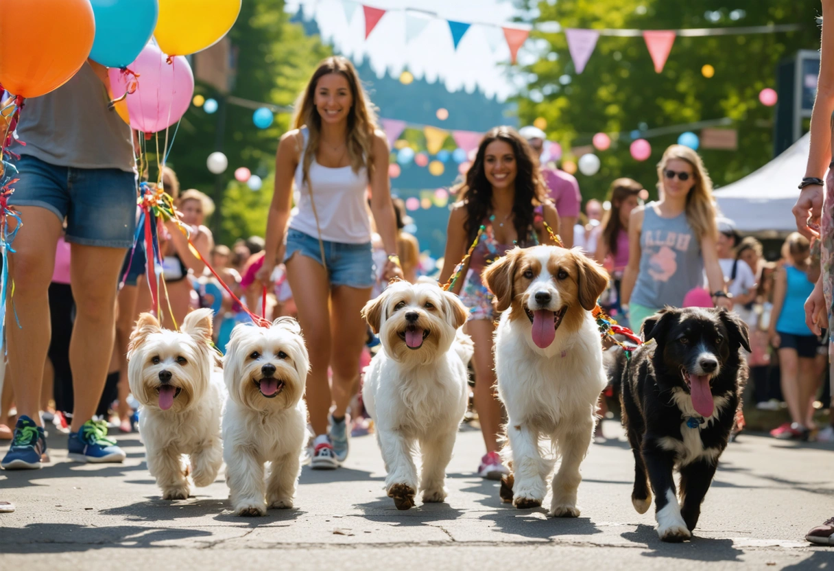 A lively pet-centric event in a community space. Pet owners with their pets participating in