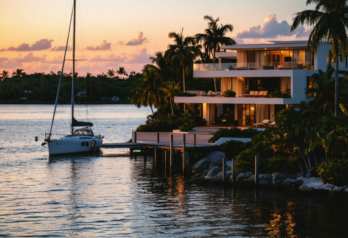 Luxurious Punta Gorda waterfront villa with private dock, sailboat, and sunset-lit tropical landscaping.