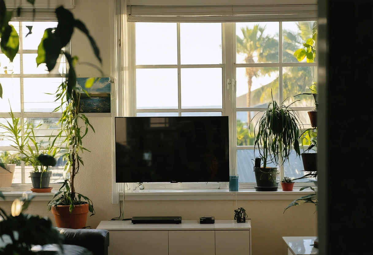 Modern Punta Gorda apartment with efficient AC, large windows, and sunny, humid exterior view.