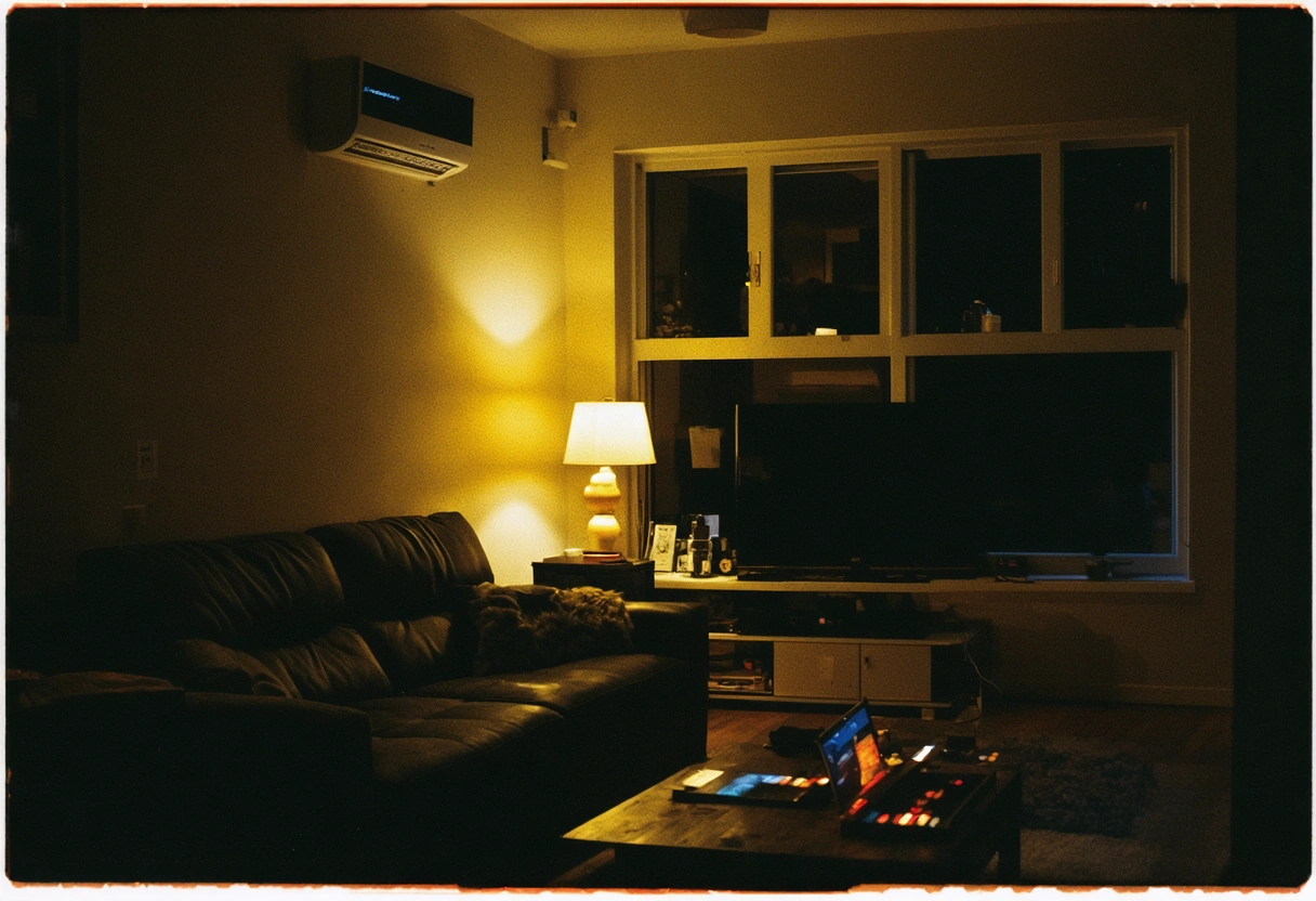 Modern living room with surge protector, generator, and reinforced windows