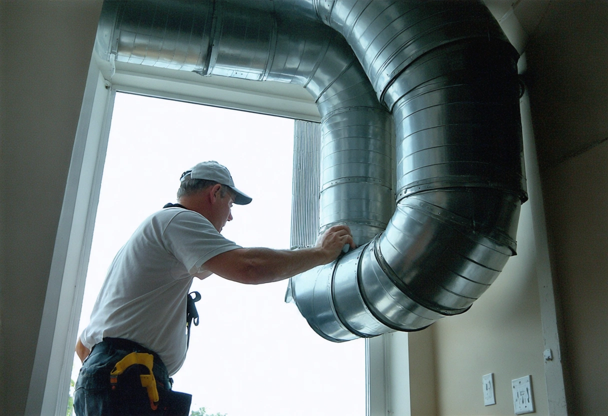 A professional inspecting ductwork in a modern Punta Gorda apartment. The ducts are clean and