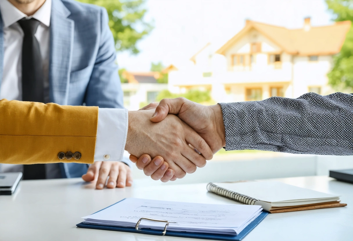 Property manager and tenant shaking hands in welcoming office