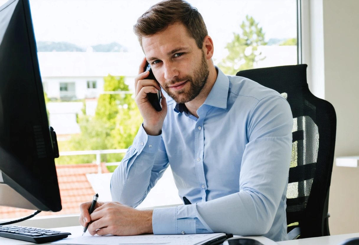 Property manager on call, noting tenant's history in tidy office