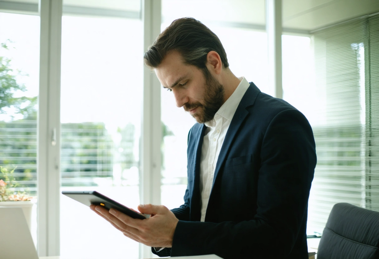 Property manager reading fair housing laws on tablet in bright office