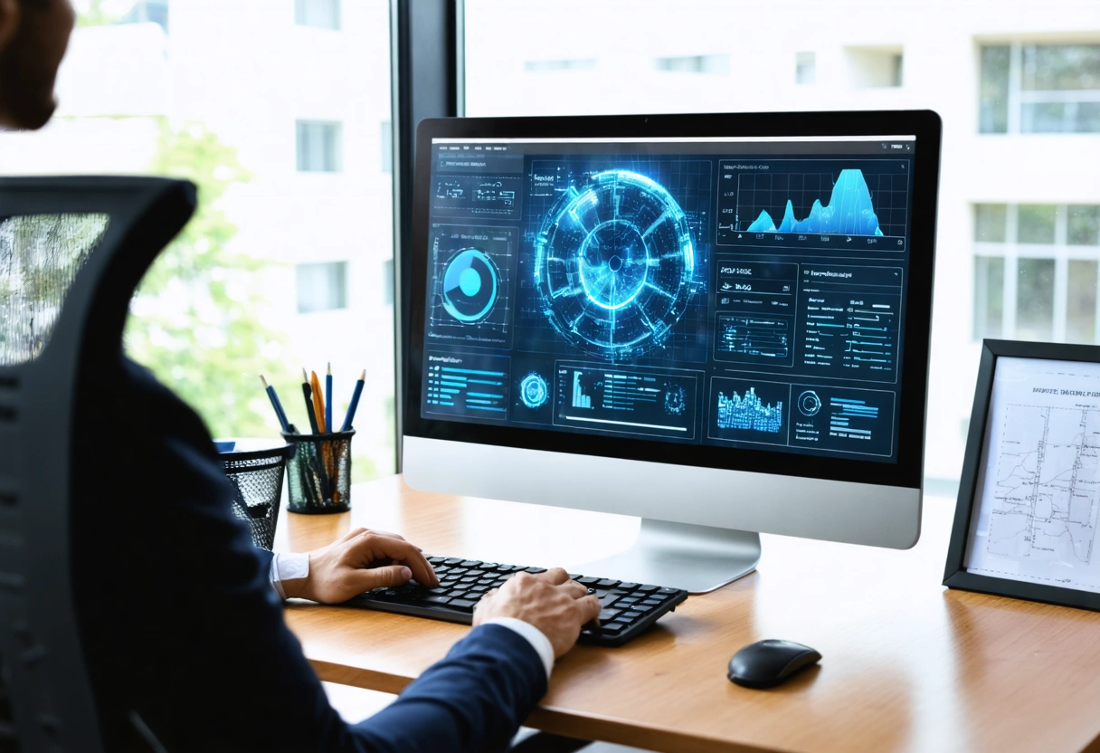 Property manager using screening software on desktop in modern office