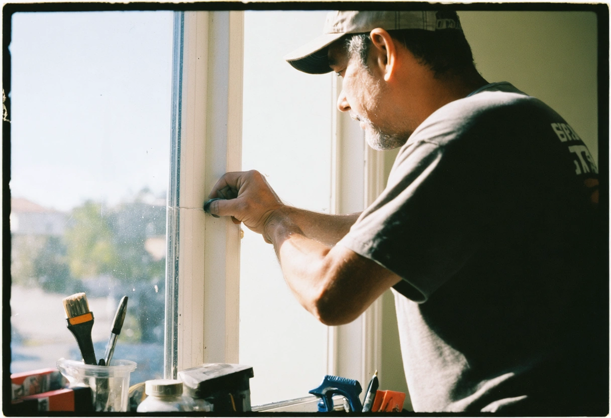 A resident sealing window gaps in a Punta Gorda apartment. Tools and materials neatly arranged.