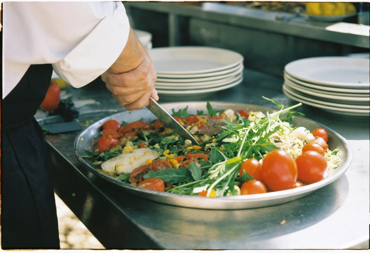 A rustic farm-to-table restaurant in Punta Gorda, showcasing a chef preparing a dish with fresh,