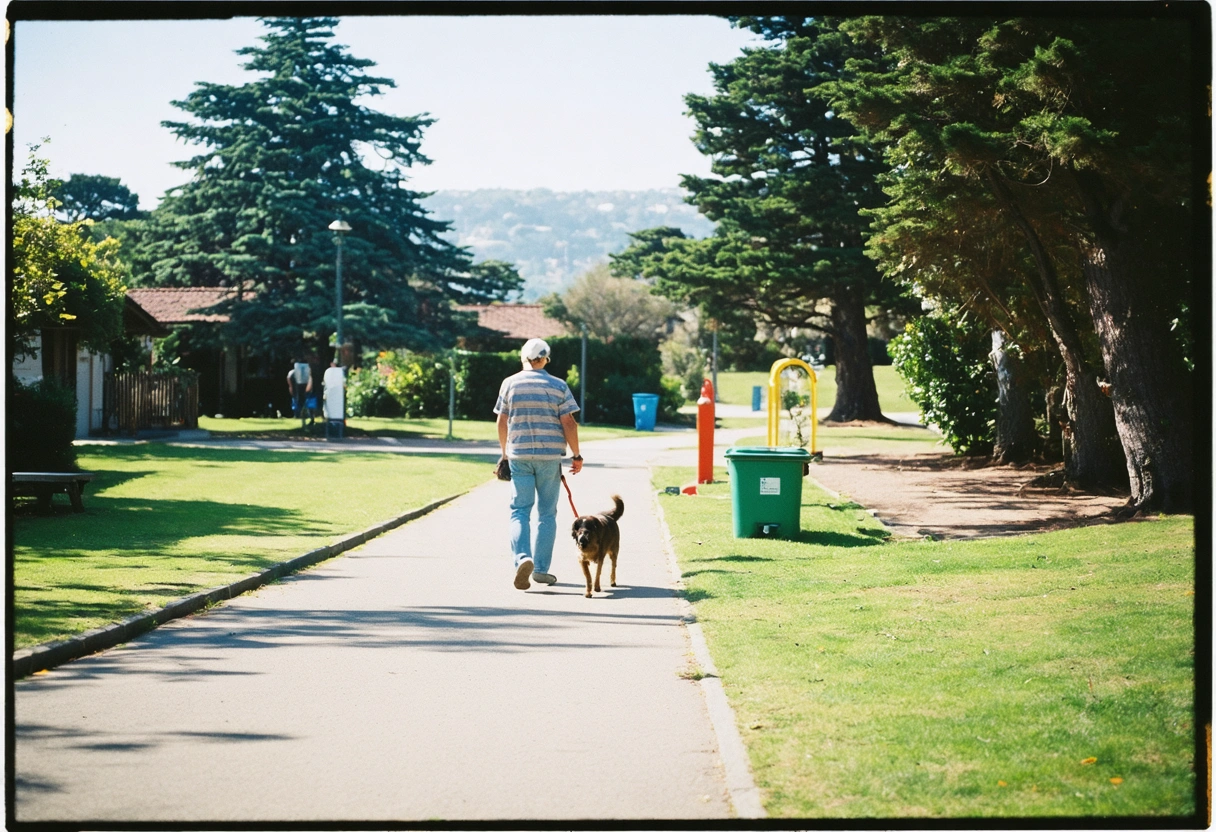 a-serene-coastal-town-setting-with-WDMT9Z.webp Couple walking dog in a pet-friendly Punta Gorda park with amenities under sunny skies.
