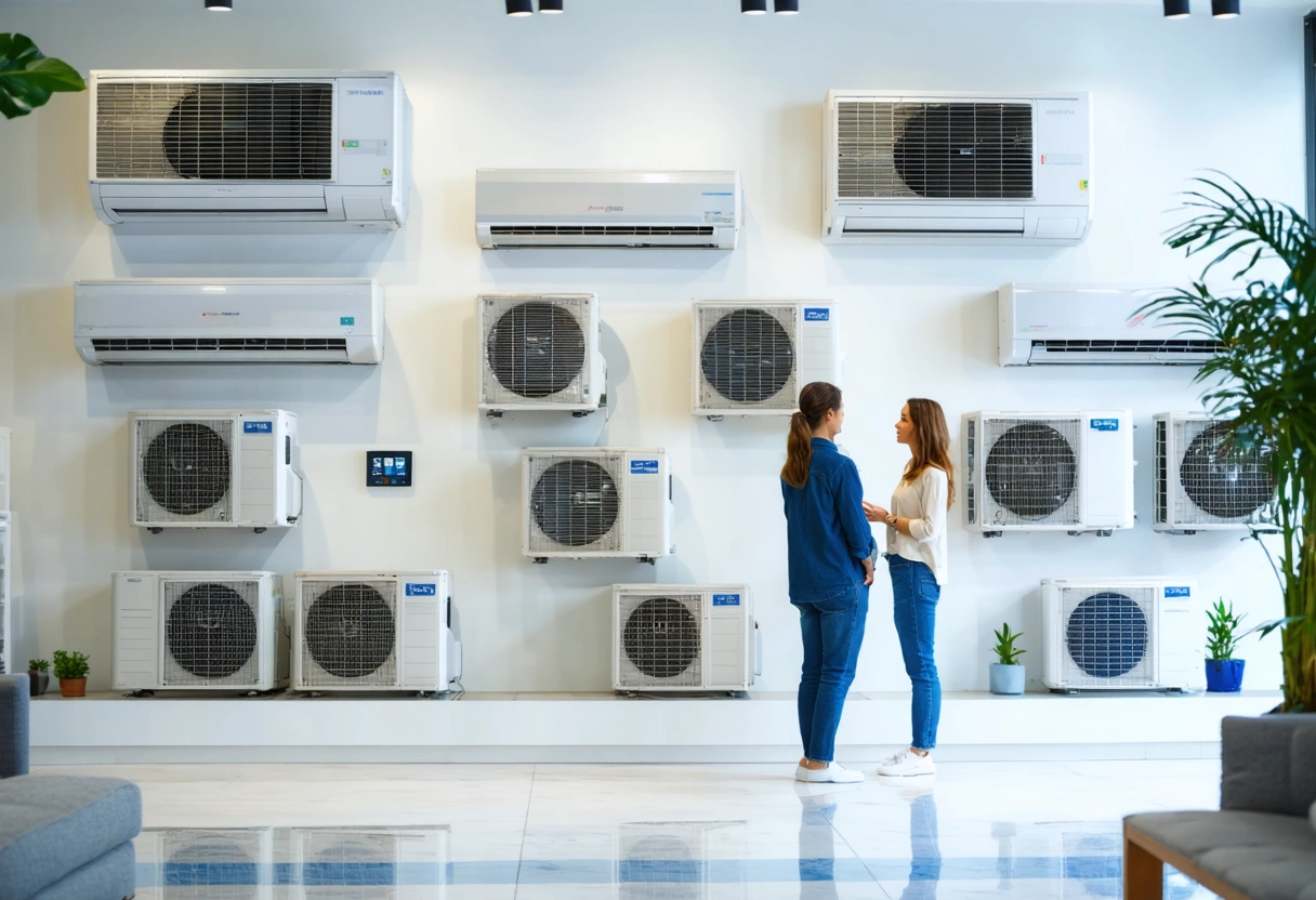 A showroom displaying various AC units with energy efficiency ratings. A couple consults with a